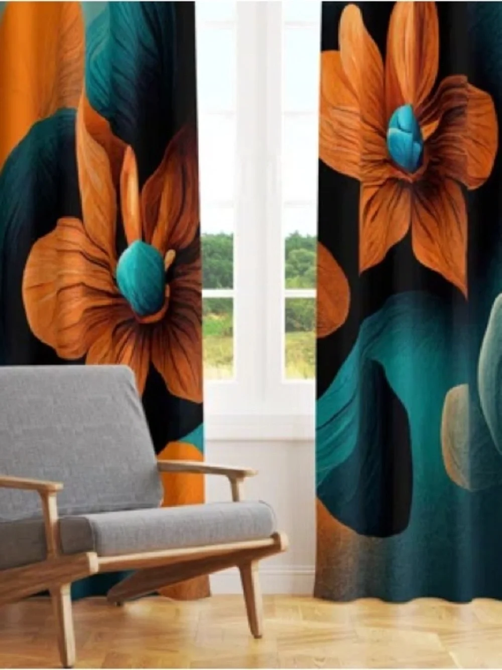 Bold Orange & Teal Floral Curtain Panels Curtain Set Rod Pocket 40x82